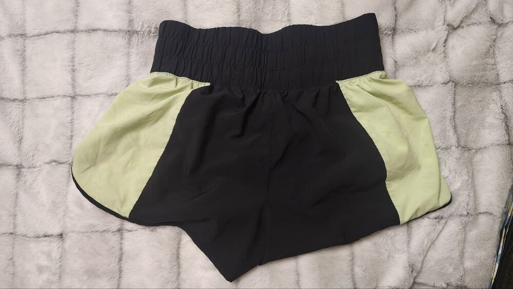 Black and Light Green Athletic Shorts with Elastic Waistband - Women Medium